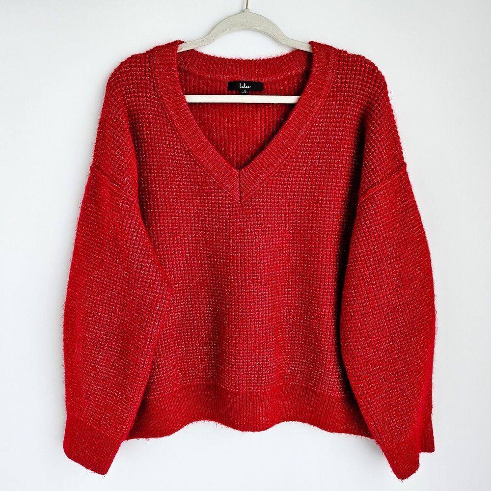 Lulus Warm in the Wintertime Heather Red Oversized V-Neck Knit Sweater Womens XL